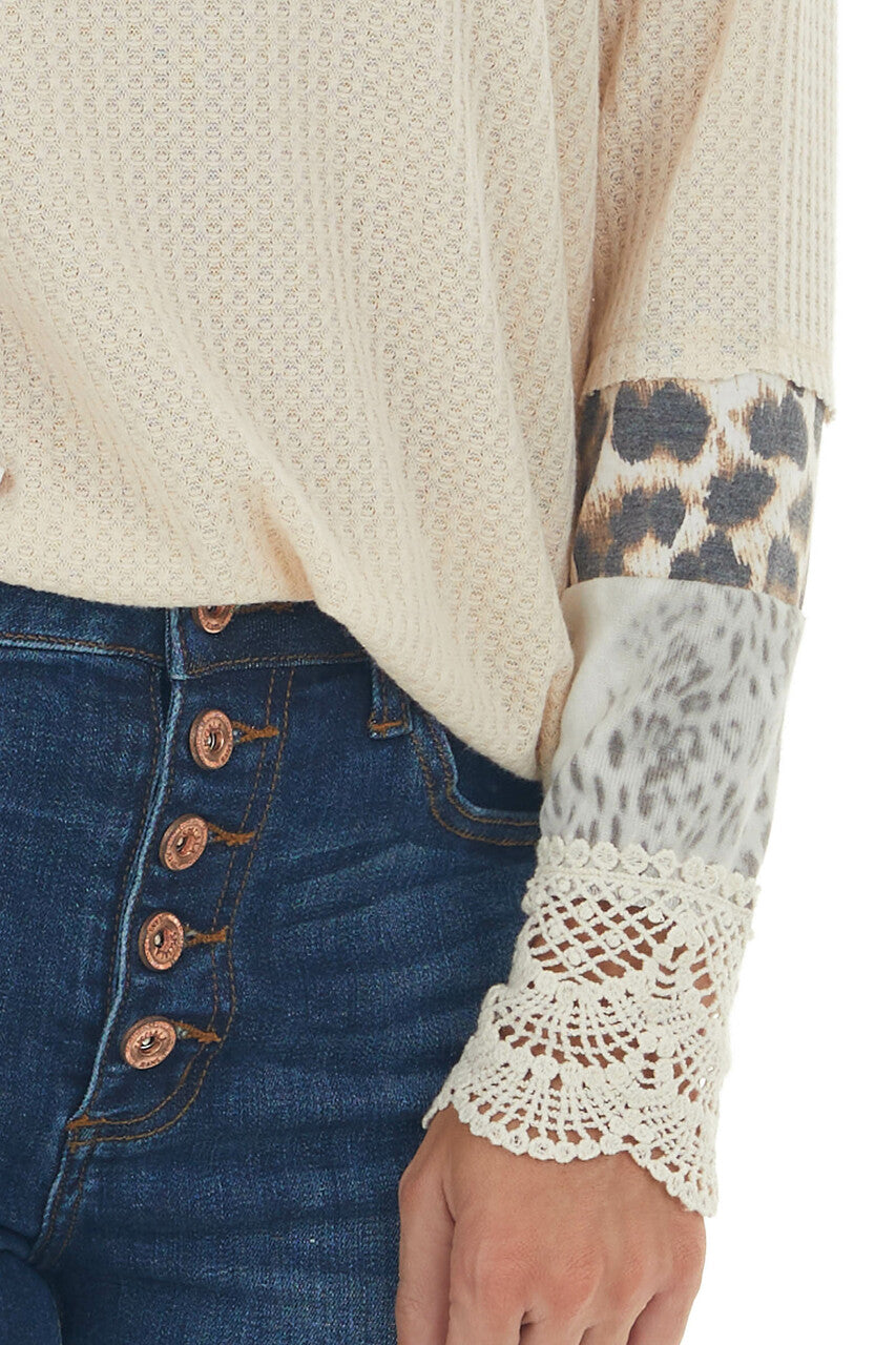 Beige Long Sleeve Waffle Knit Top with Multiprint Cuff