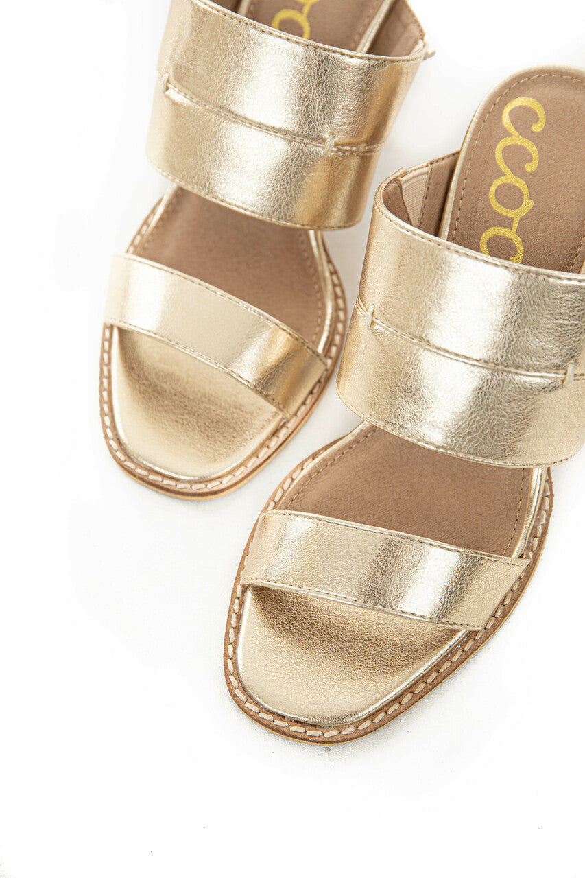 Shiny Gold Faux Leather Open Toe Heeled Mules