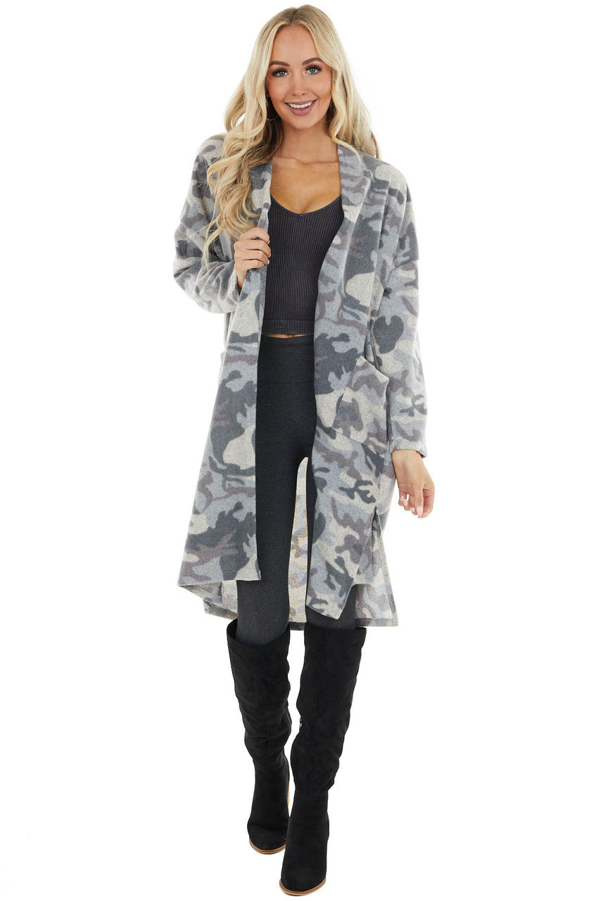 Powder Blue Camo Print Long Sleeve Cardigan with Pockets