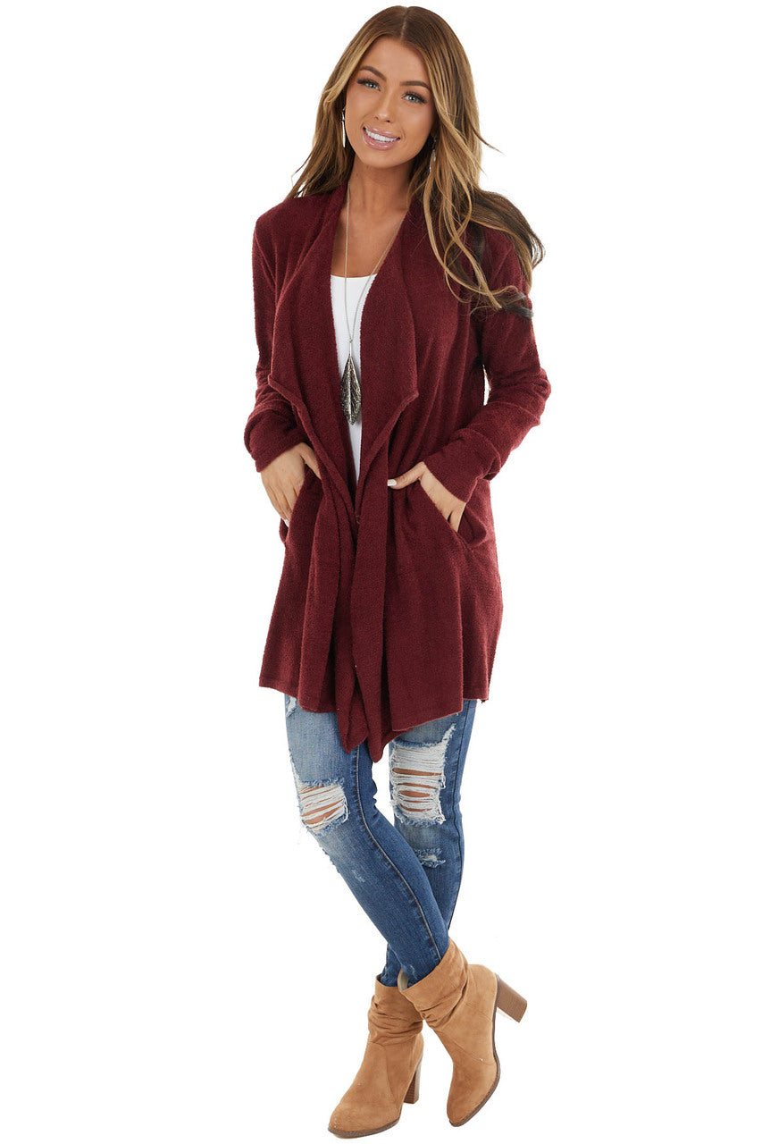Wine Super Soft Fuzzy Open Front Cardigan with Pockets