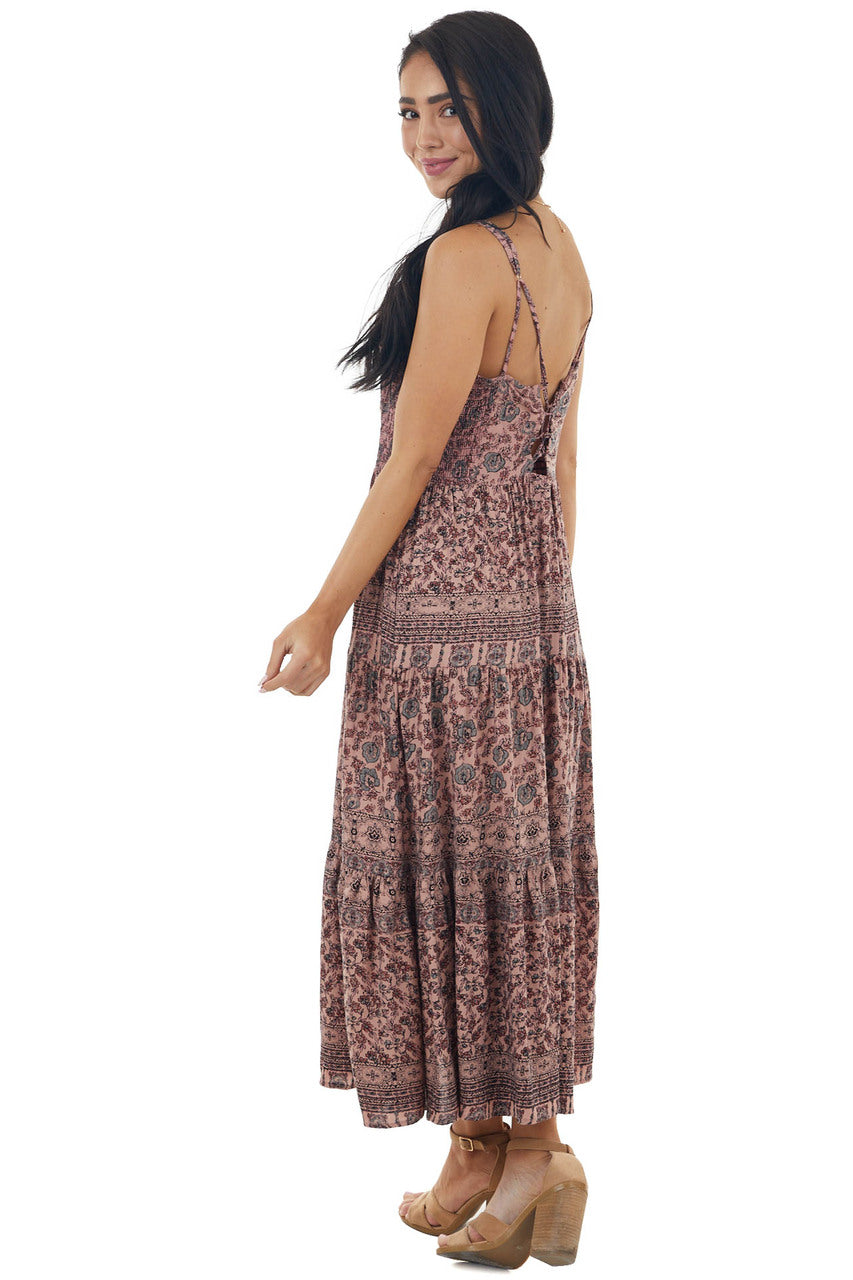 Dusty Rose Floral Print Tiered Midi Dress with Tie Details