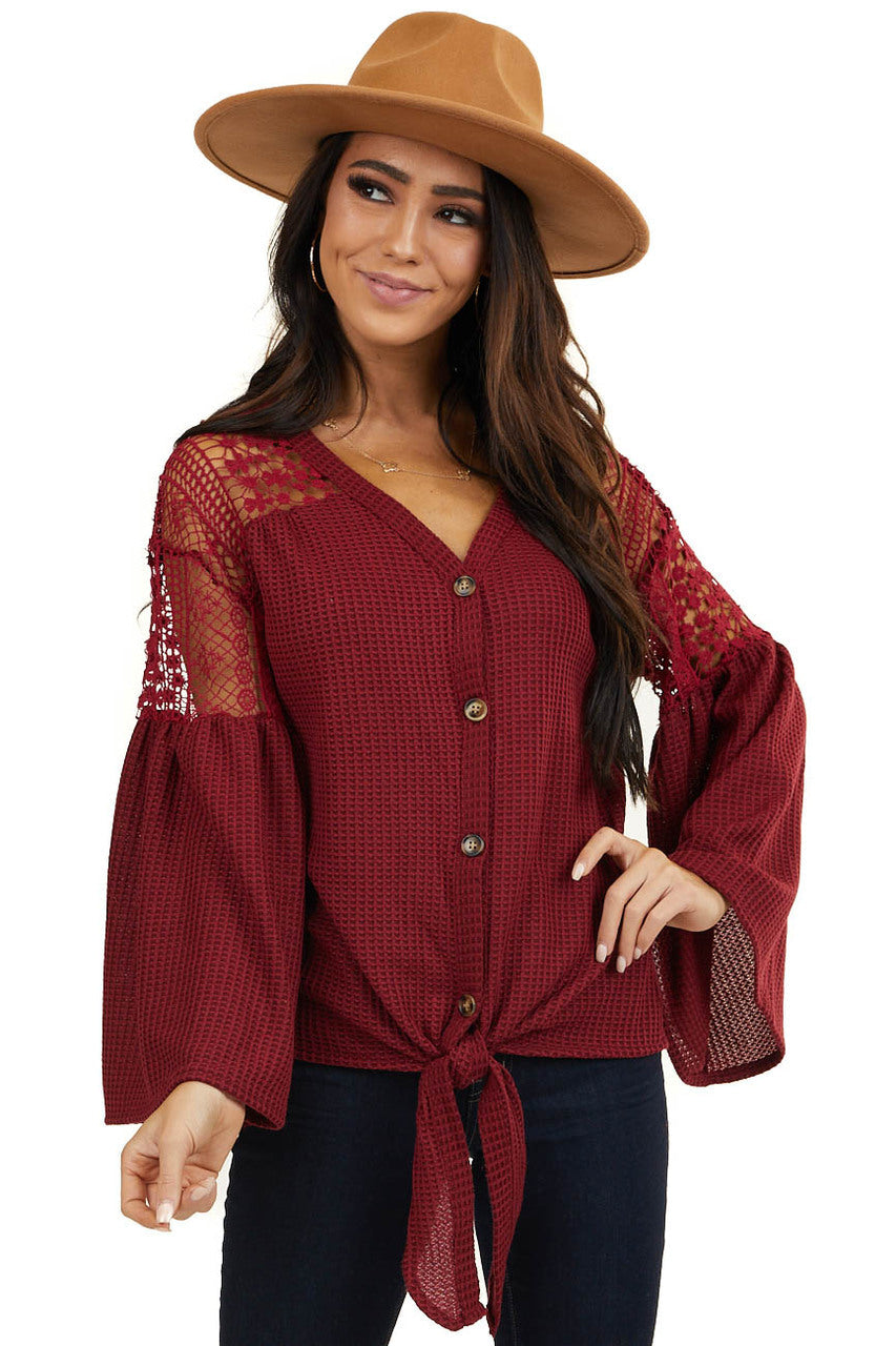 Wine Waffle Knit Top with Long Sleeves and Lace Contrast