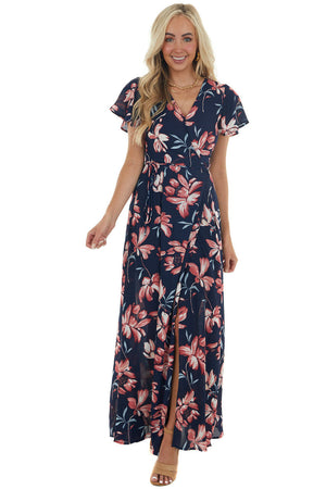 Navy Floral Print Wrap Maxi Dress with Tie 