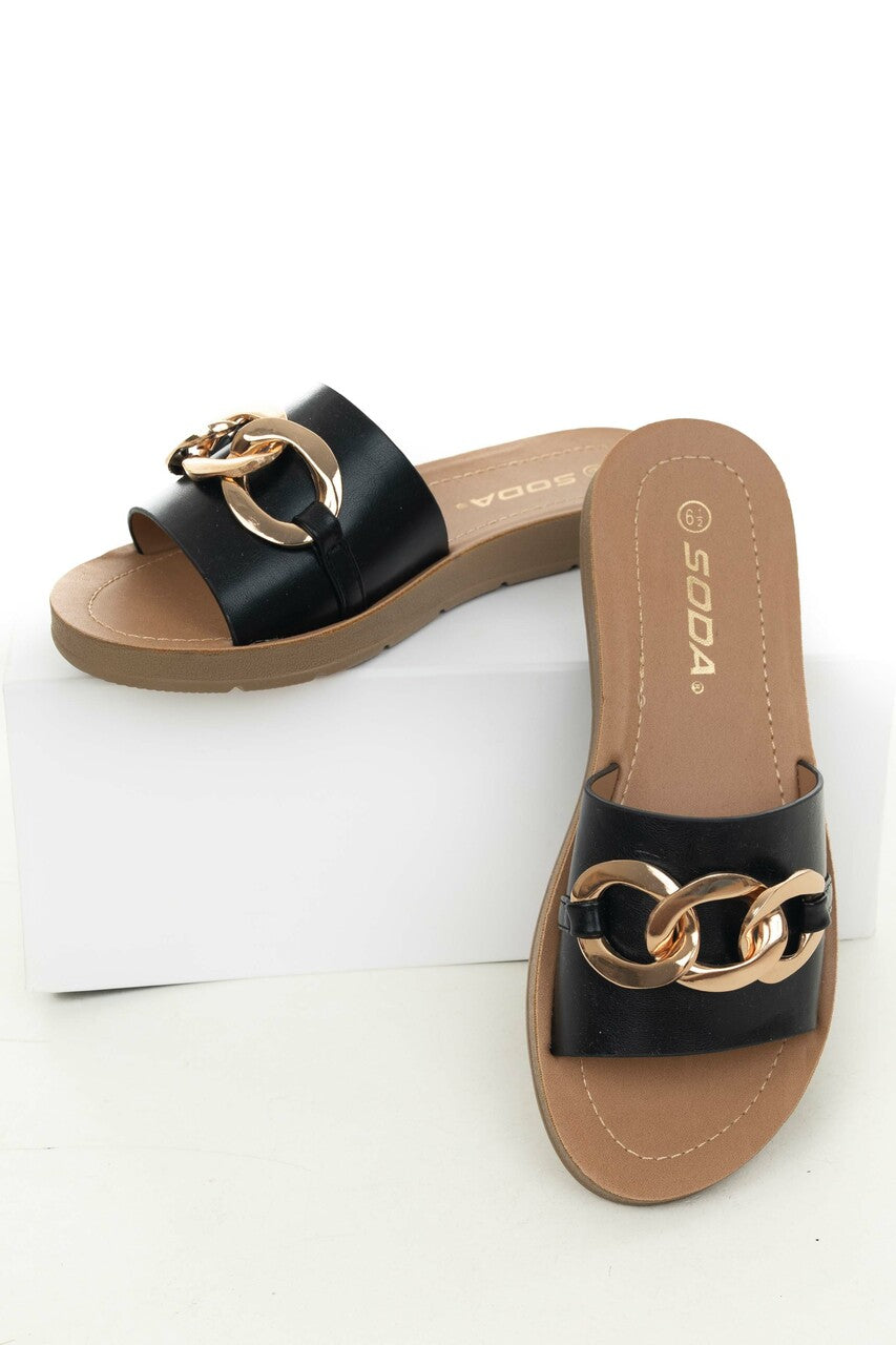 Black Pleather Band Sandals with Chain Detail