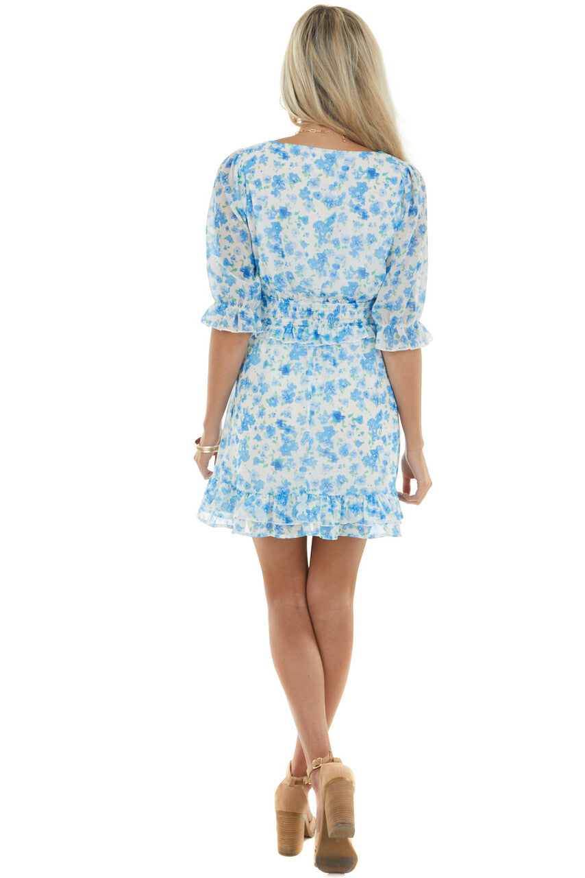 Ivory and Cornflower Floral Print Mini Dress 
