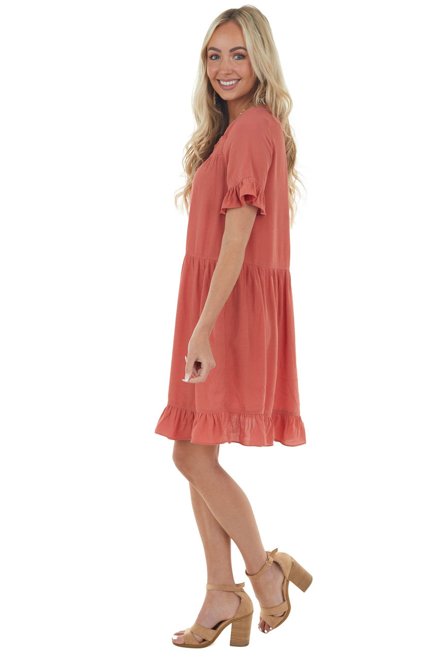 Terracotta Square Neck Tiered Short Dress