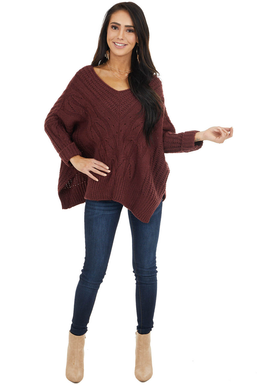 Mahogany Oversized Cable Knit Sweater with Side Slits