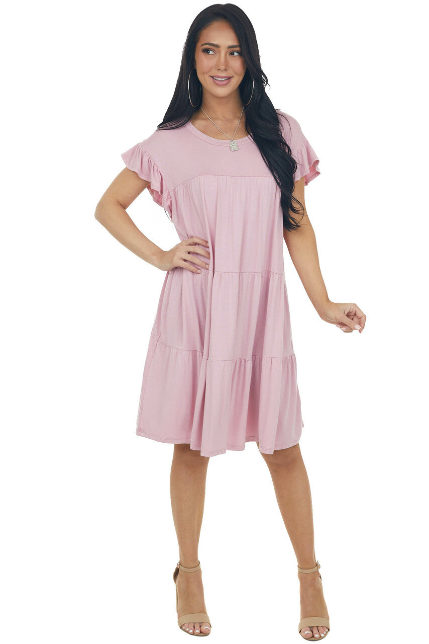 Carnation Pink Flutter Sleeve Tiered Dress