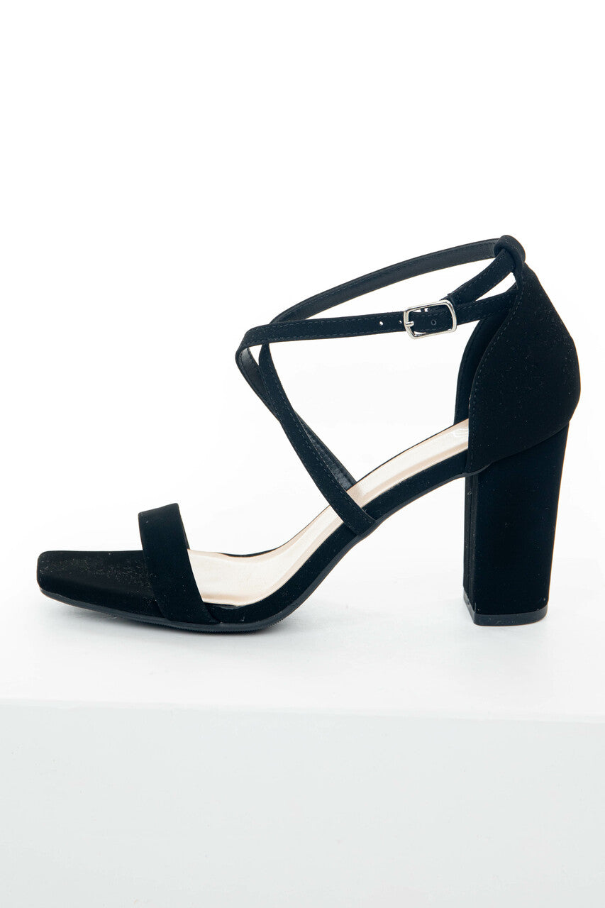 Black Square Toe High Heels with Ankle Strap 
