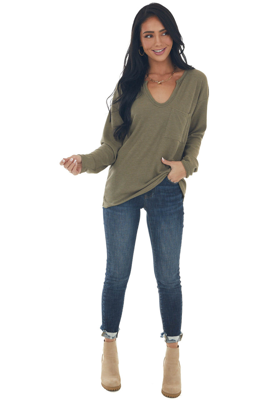 Olive Notch Neck Chest Pocket Thermal Top