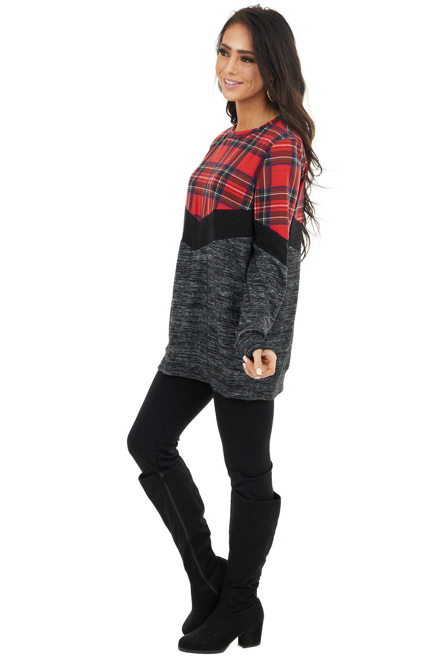 Lipstick Red Plaid and Colorblock Long Sleeve Top