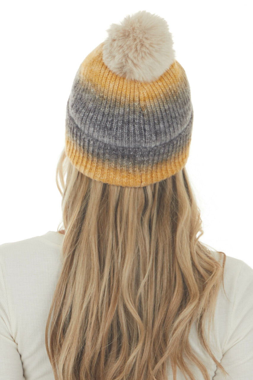Amber Ombre Beanie with Faux Fur Pom Pom