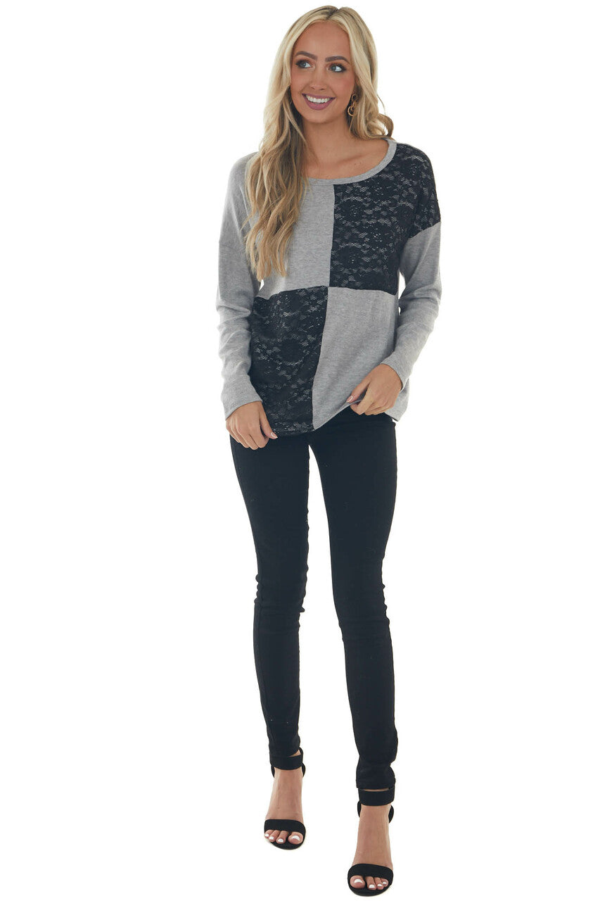 Heather Grey and Black Lace Long Sleeve Top