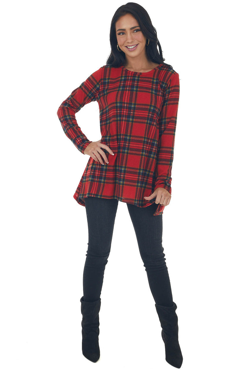Ruby Plaid Knit Top with Handkerchief Hemline