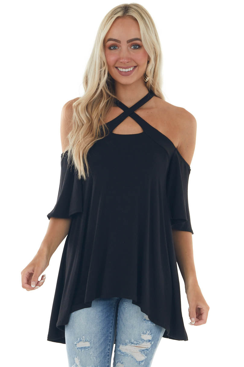 Black Flutter Sleeve Cold Shoulder Halter Top