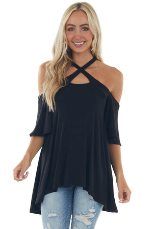 Black Flutter Sleeve Cold Shoulder Halter Top