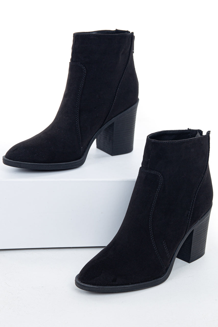 Black Pointed Toe Ankle Suede Booties with Block Heel