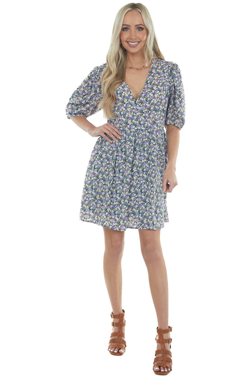 Lavender Floral Print Surplice Dress with Short Sleeves 