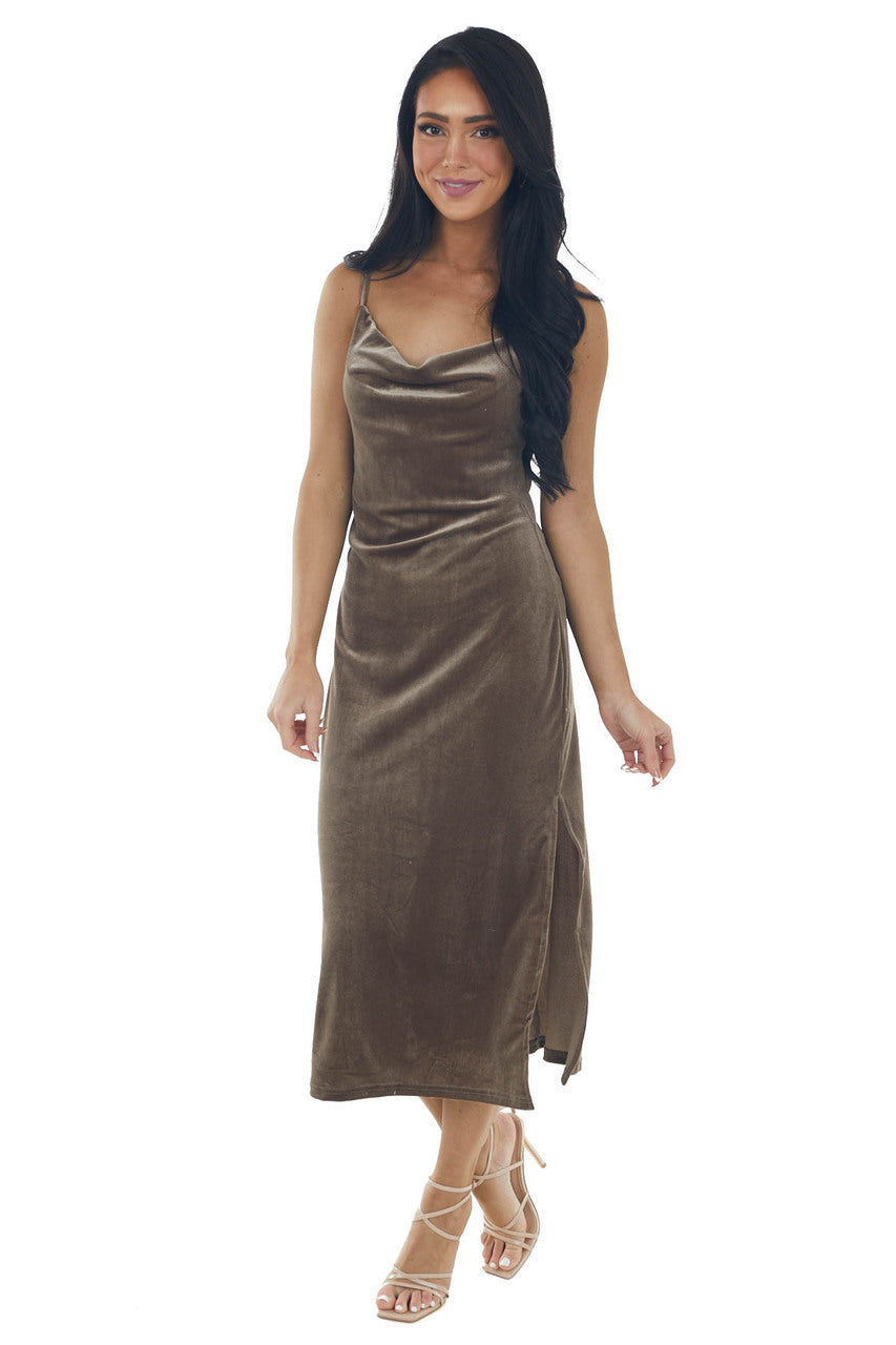 Taupe Cowl Neck Sleeveless Velvet Midi Dress