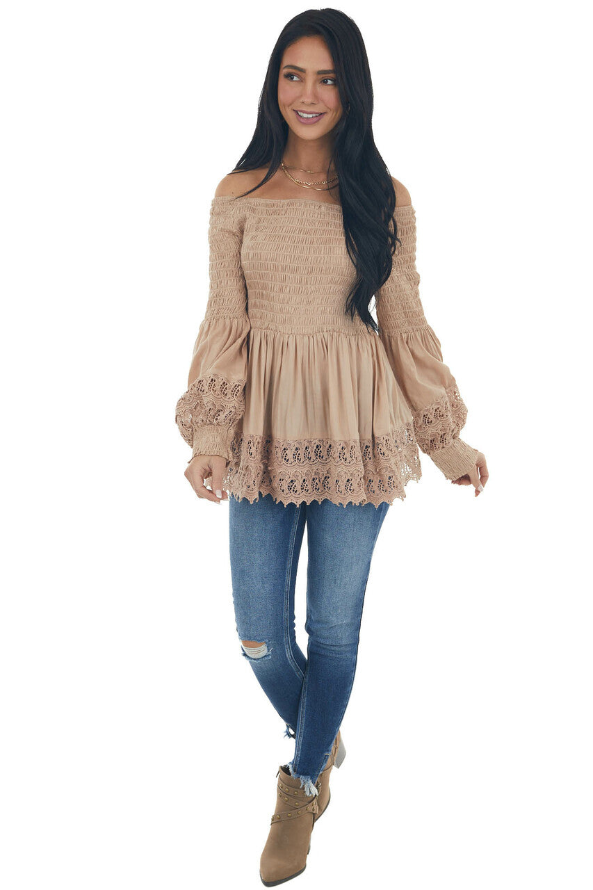 Latte Smocked Off Shoulder Babydoll Lace Top