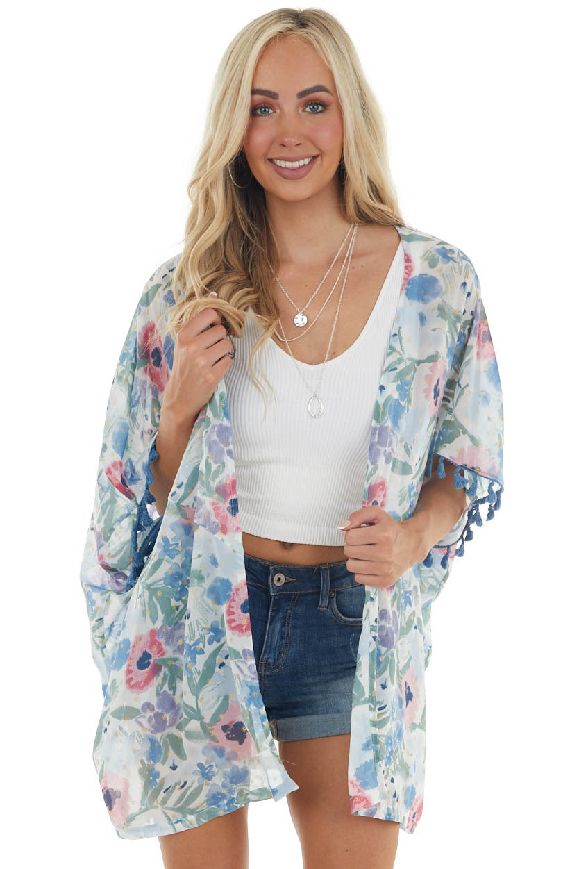 Dusty Blue Floral Chiffon Open Front Kimono