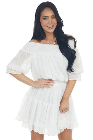 Ivory Off the Shoulder Swiss Dot Short Dress