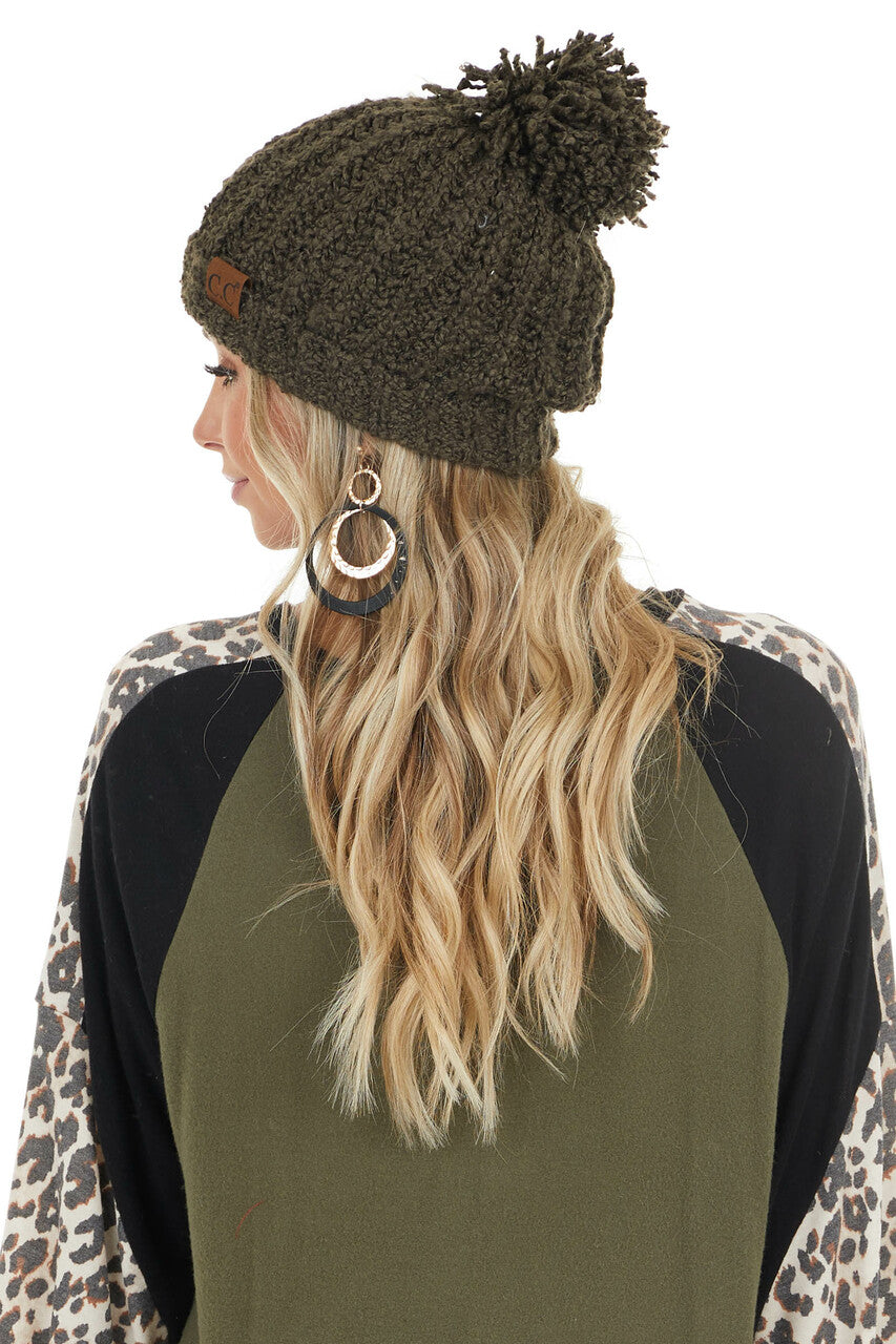Olive Chenille Ribbed Knit Beanie with Pom Detail