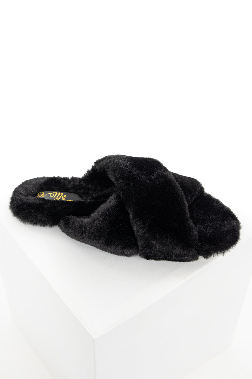 Black Fuzzy Open Toed Slippers with Criss Cross Tops