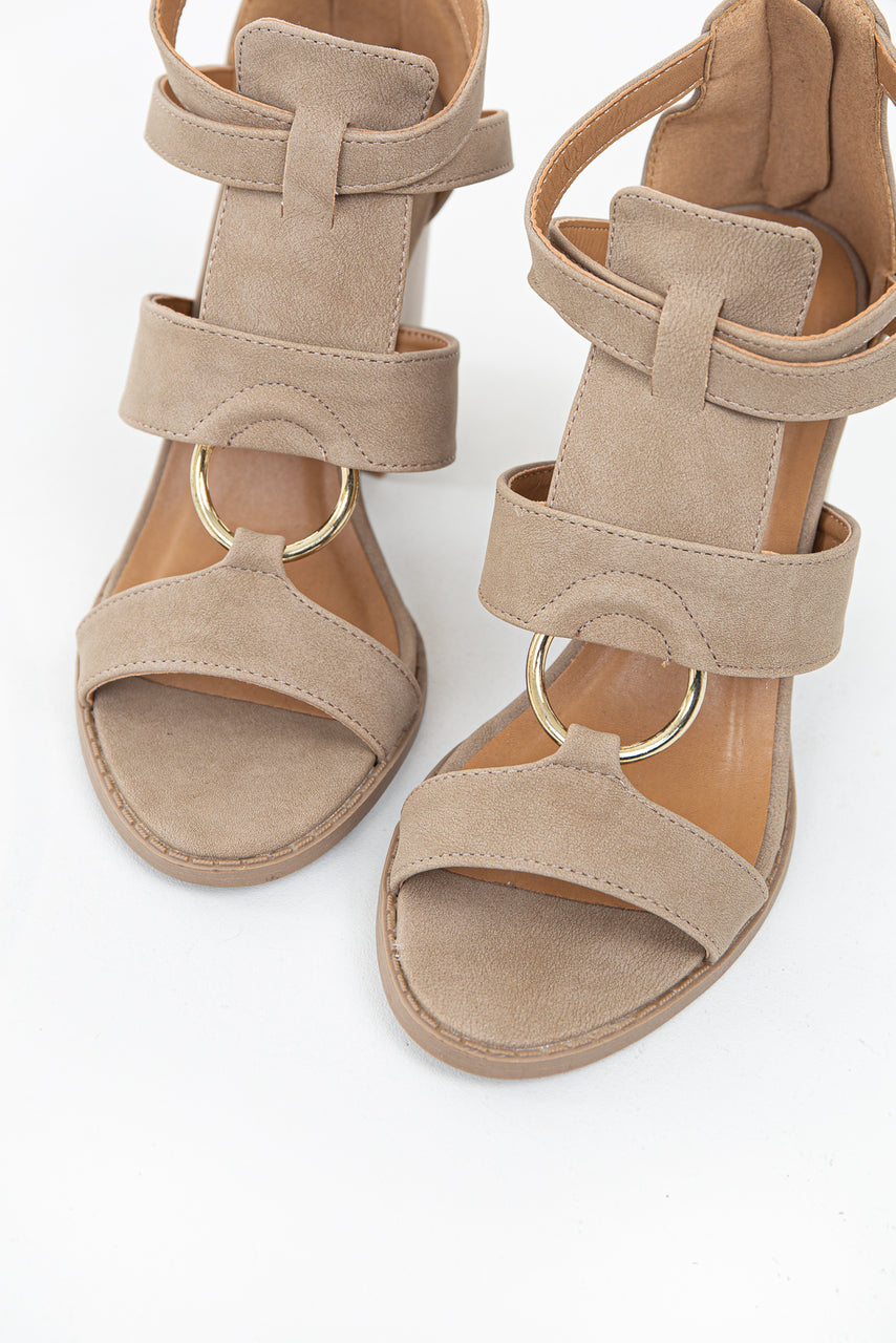 Beige Faux Leather Strappy High Heel with Gold Ring Detail