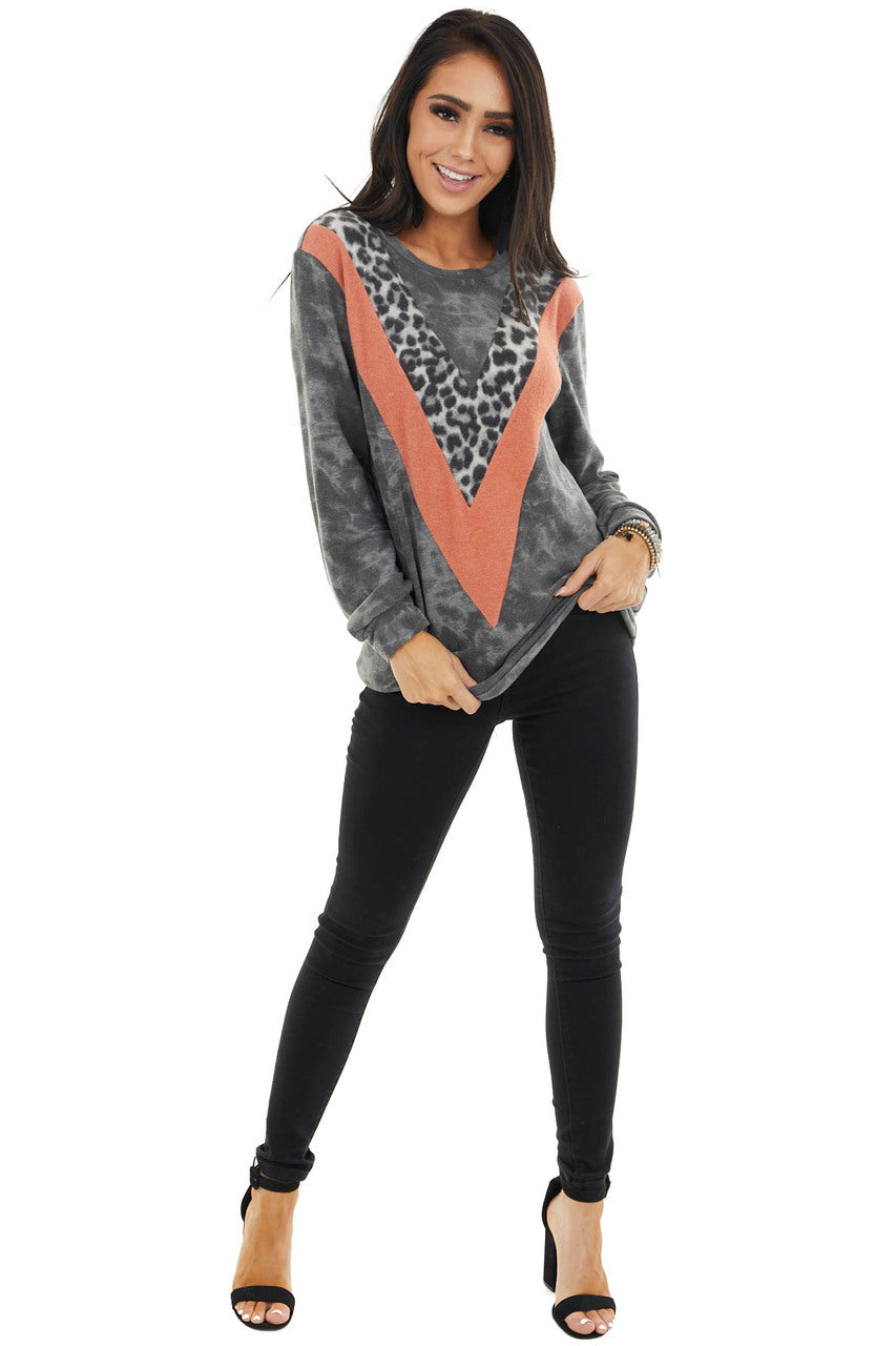 Charcoal and Tangerine Knit Top with Leopard Print Detail 