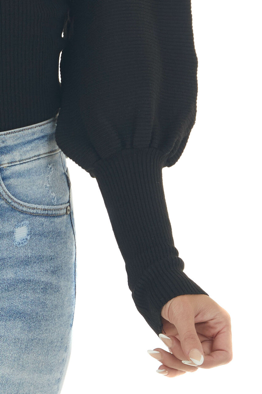 Black Ribbed Knit Sweater with Puff Sleeves
