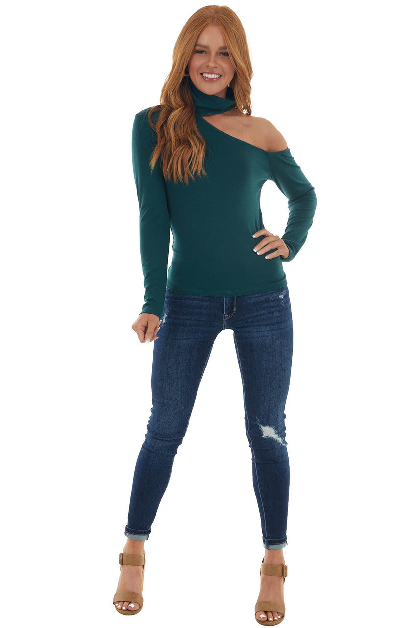 Forest Green Mock Neck Cold Shoulder Top