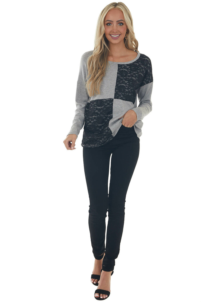 Heather Grey and Black Lace Long Sleeve Top