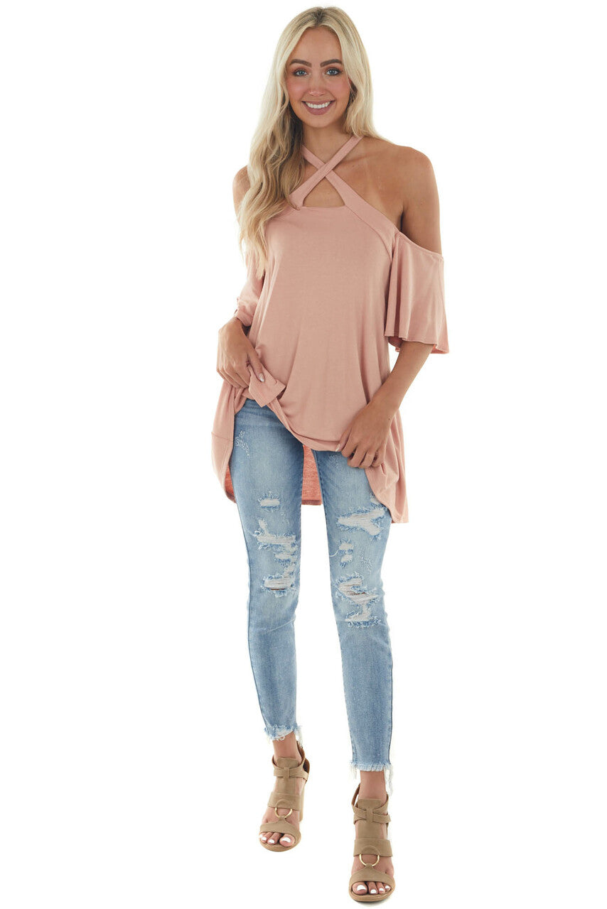 Peach Flutter Sleeve Cold Shoulder Halter Top