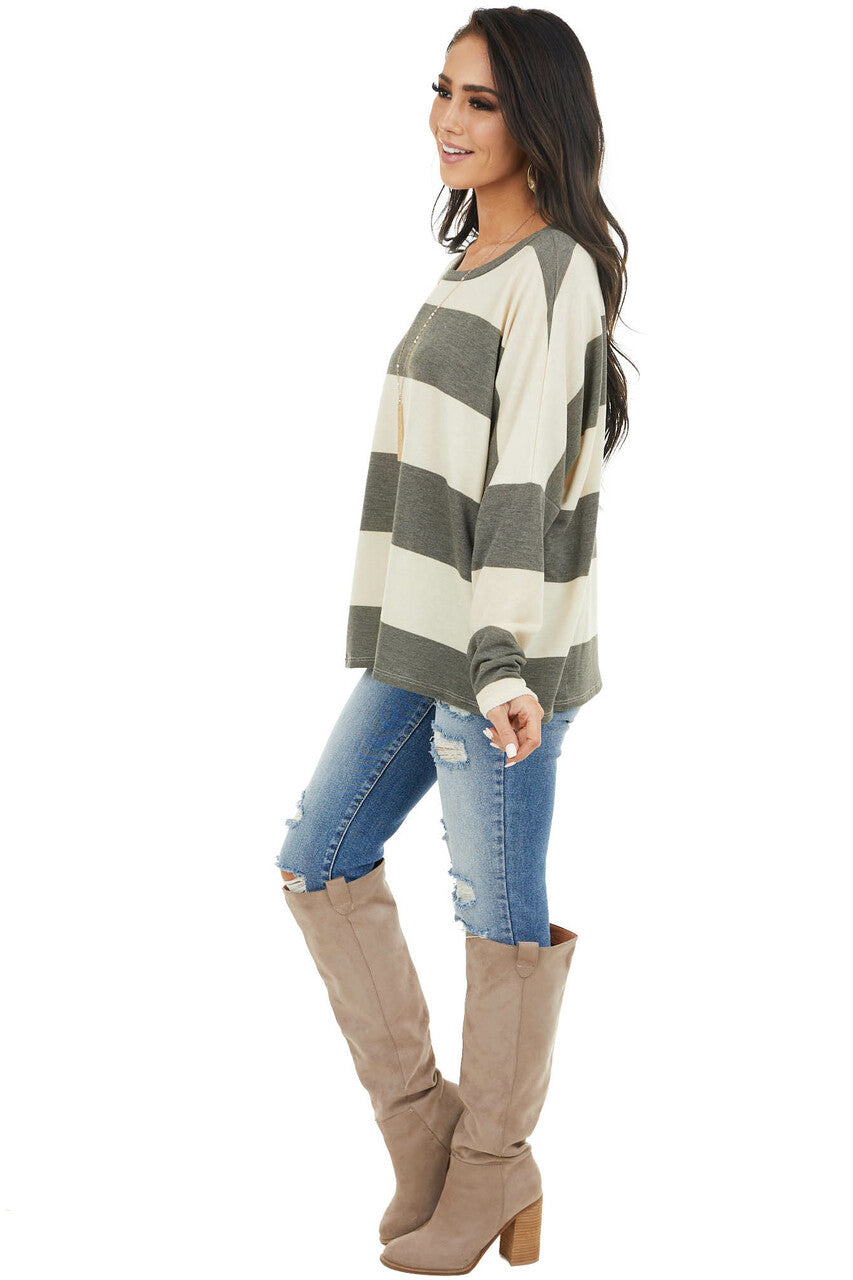 Charcoal and Cream Striped Drop Shoulder Long Sleeve Top