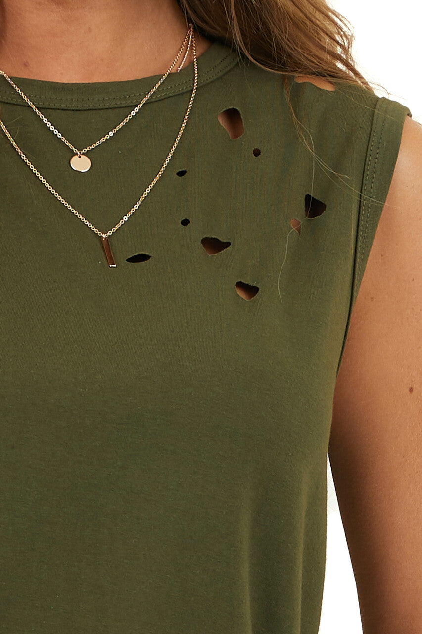 Forest Green Muscle Tank with Laser Cut Hole Details 