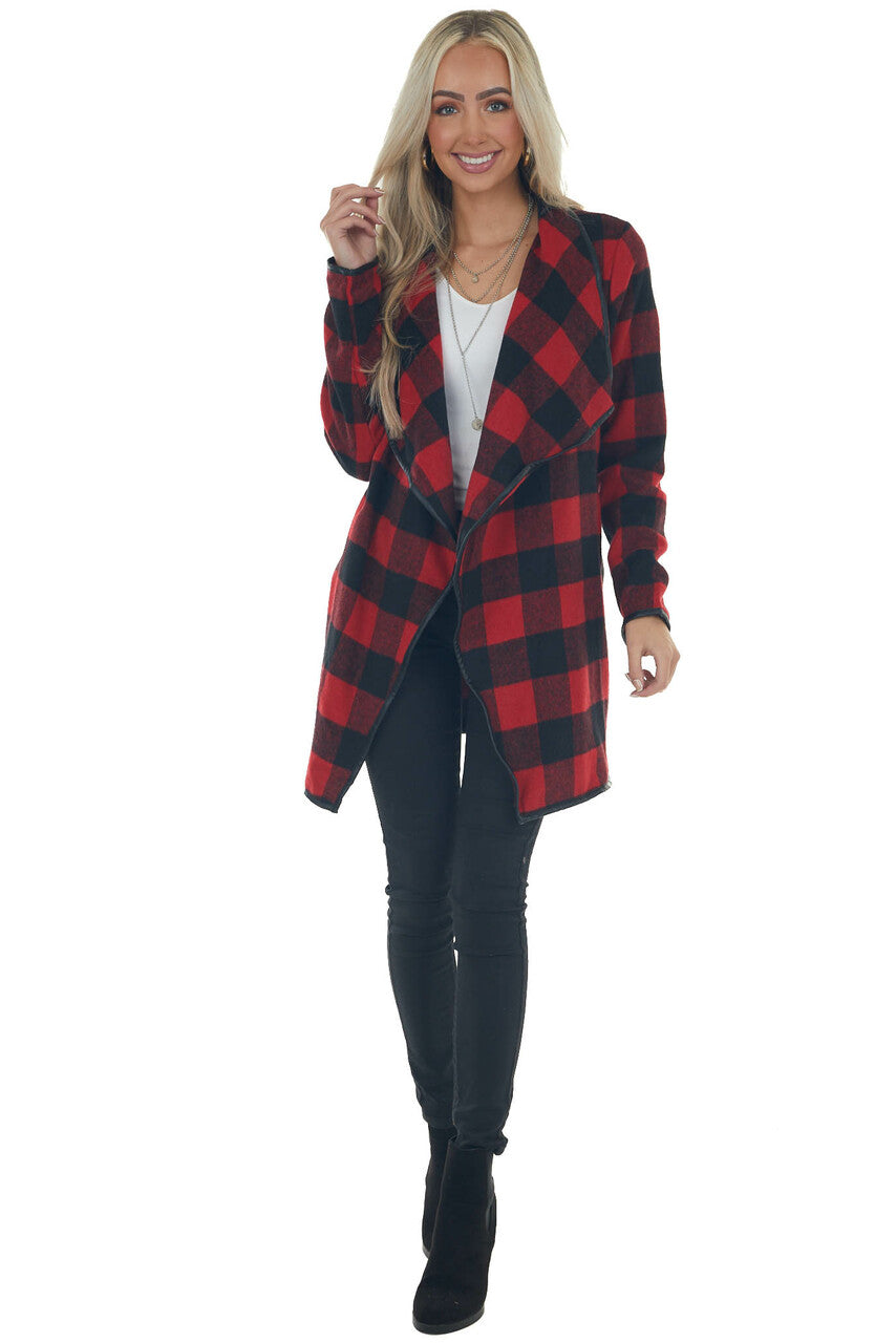 Ruby Buffalo Plaid Draped Open Front Coat 