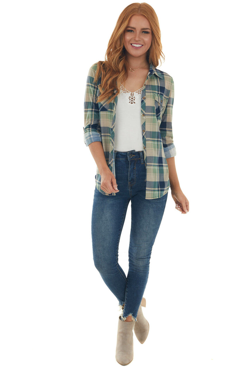 Pistachio and Navy Plaid Top with Chest Pocket 