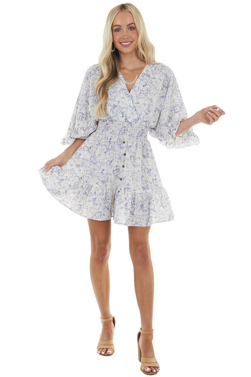 Pearl and Navy Abstract Print Short Woven Dress with Ruffles