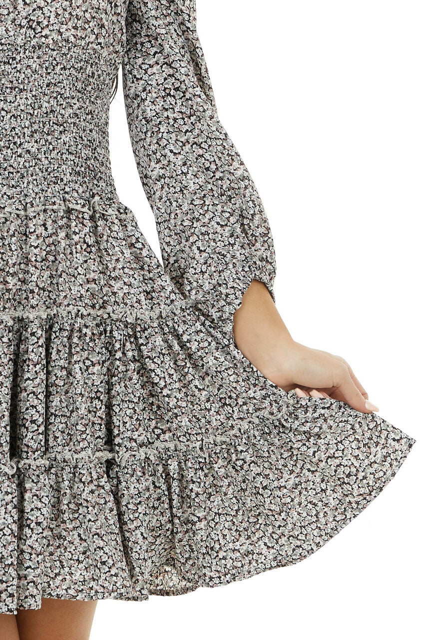 Black Floral Print Tiered Woven Dress with Smocked Waist