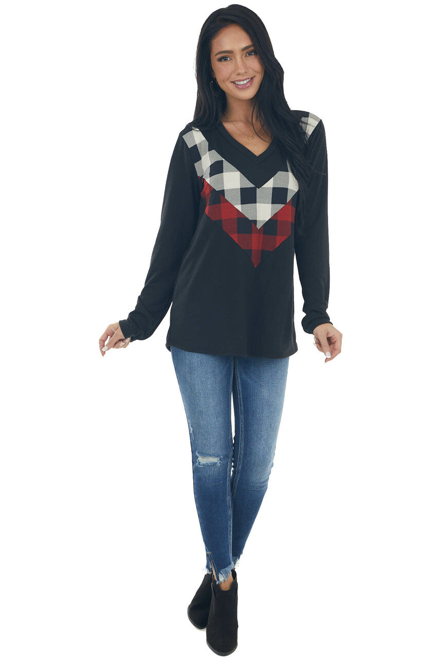 Black Knit Top with Buffalo Plaid Contrast