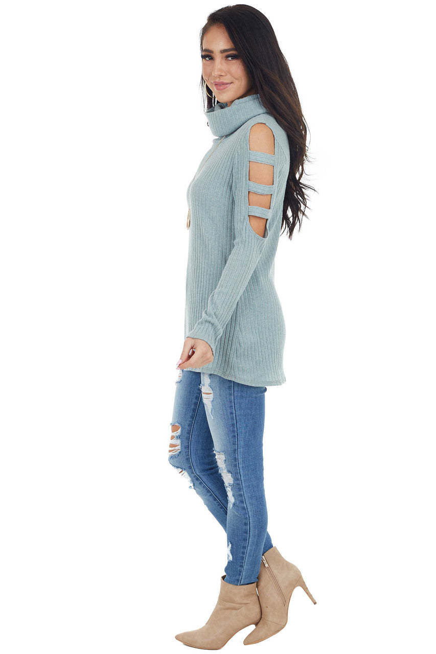 Sage Ribbed Knit Long Ladder Sleeve Cowl Neck Top