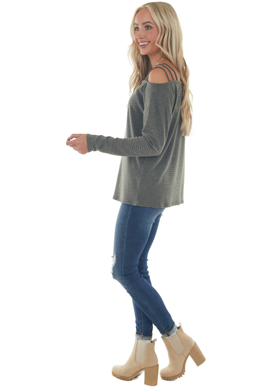 Faded Olive Ribbed Strappy Shoulder Knit Top