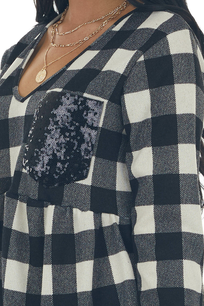 Black Buffalo Plaid Babydoll Sequin Top 