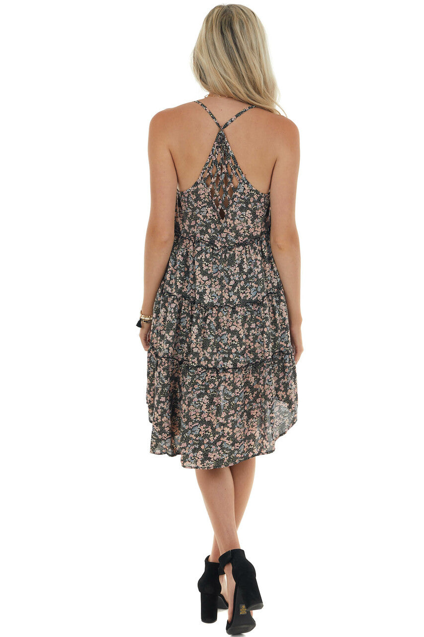 Black Floral Print Sleeveless Dress 