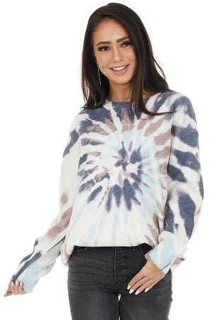 Off White Tie Dye Fuzzy Knit Long Sleeve Lightweight Sweater