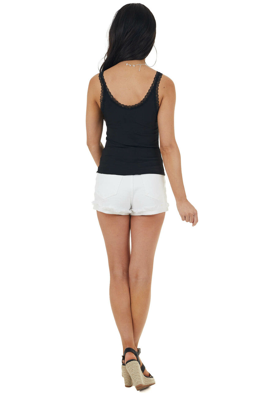Black Ribbed Knit Tank Top with Lace Details