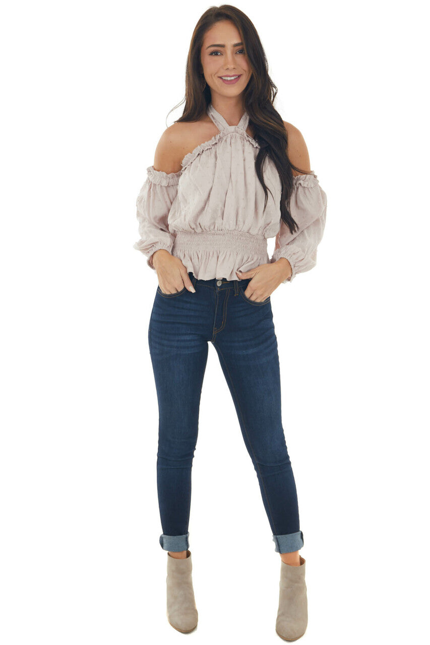 Light Latte Swiss Dot Off Shoulder Halter Top