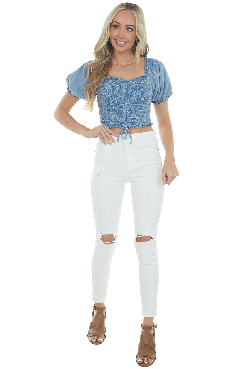 Light Wash Chambray Smocked Crop Top with Ruching Detail