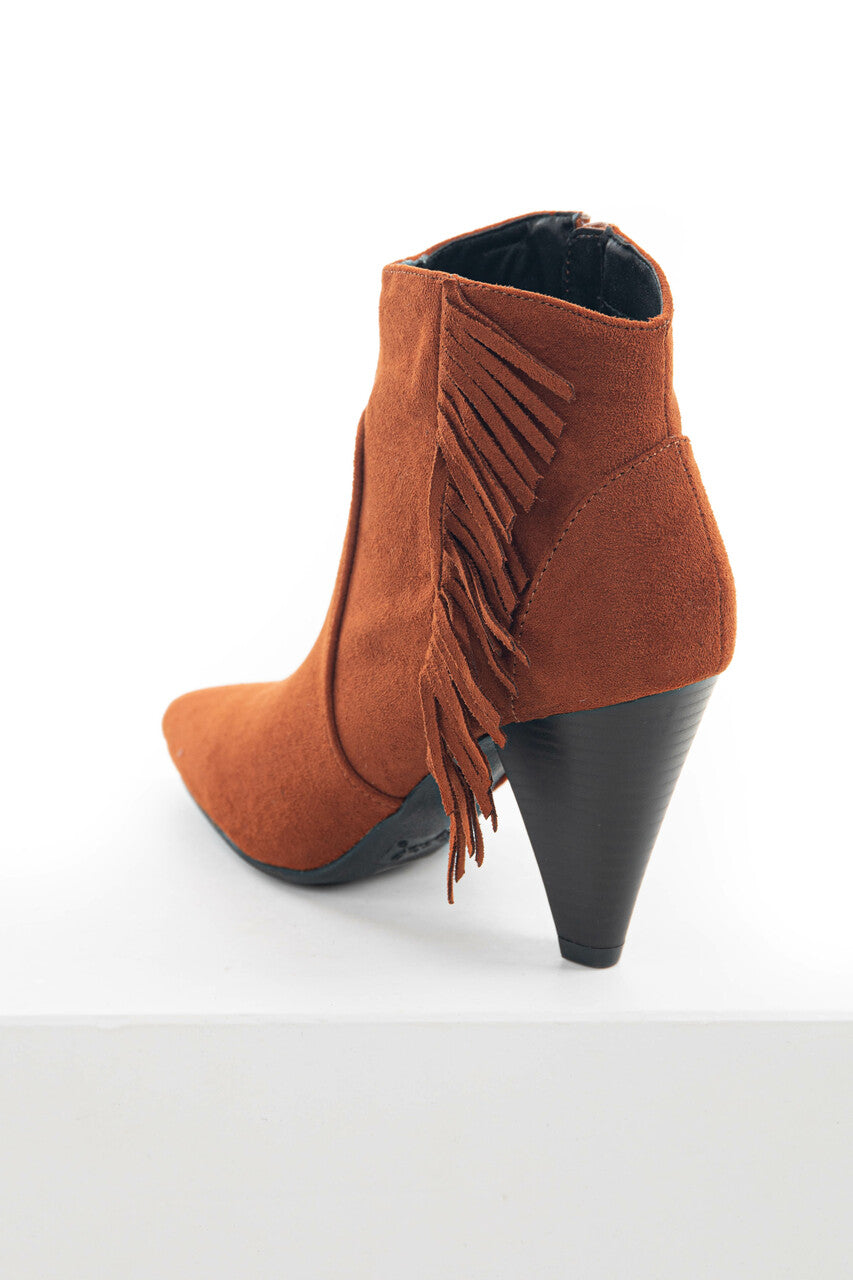 Dark Rust Faux Suede Bootie with Fringe Detail 